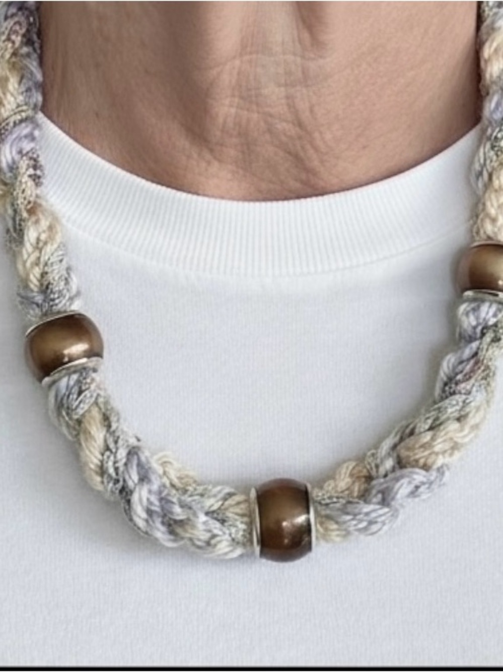 Necklace Hand Crafted Braided Boho Beaded Silver Grey Cream 18” - Picture 14 of 14